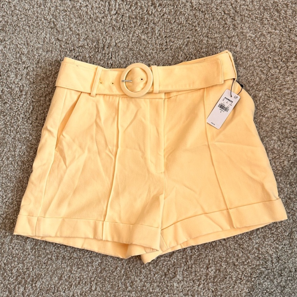 Express High Waisted Belted Pintuck Shorts in Pale Yellow